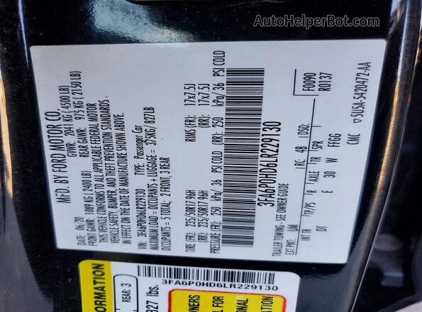 3FA6P0HD6LR229130 2020 FORD FUSION Black VIN կոդի պիտակի տեսք