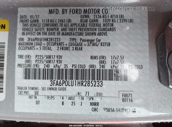 3FA6P0LU1HR285233 2017 FORD FUSION HYBRID Silver Widok komory silnika