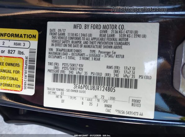 3FA6P0LU8JR124805 2018 FORD FUSION Черный Вид подкапотного пространства