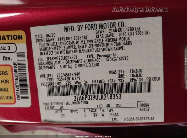 3FA6P0T90LR218353 2020 FORD FUSION Red ძრავის განყოფილების ხედი