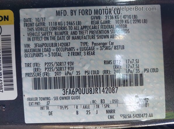 3FA6P0UU8JR142087 2018 FORD FUSION HYBRID Серый Вид подкапотного пространства