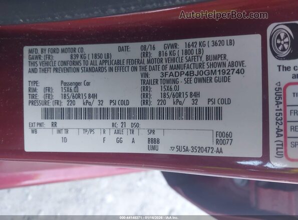 3FADP4BJ0GM192740 2016 FORD FIESTA Red Вид підкапотного простору
