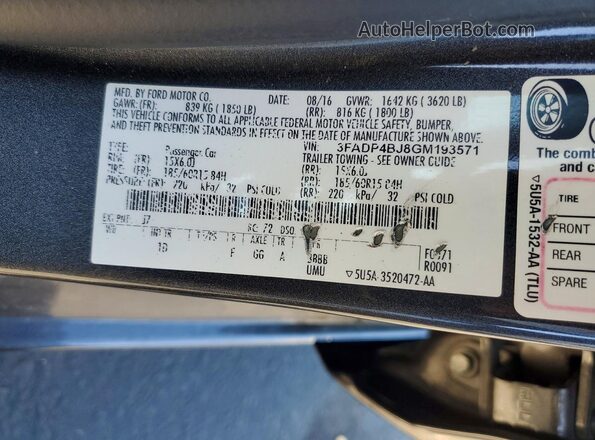 3FADP4BJ8GM193571 2016 FORD FIESTA Угольный Вид подкапотного пространства