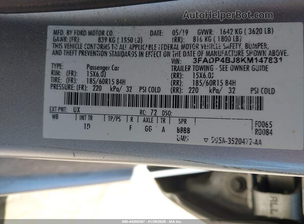 3FADP4BJ8KM147831 2019 FORD FIESTA Silver Widok komory silnika