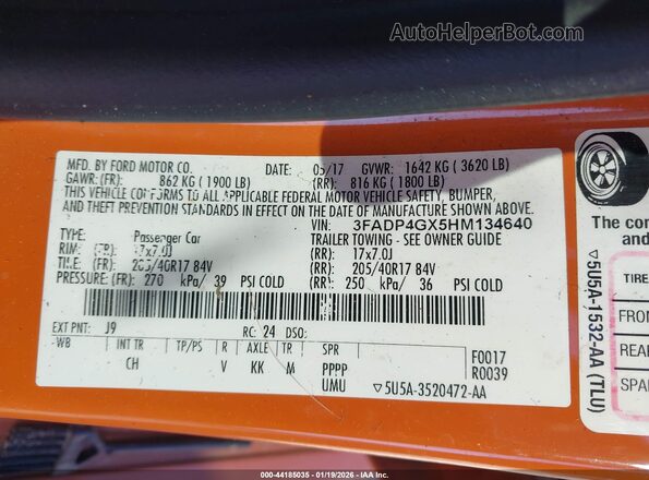 3FADP4GX5HM134640 2017 FORD FIESTA Orange Widok komory silnika