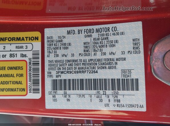 3FMCR9C69RRF72264 2024 FORD BRONCO SPORT Оранжевый Вид подкапотного пространства