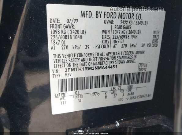3FMTK1RM3NMA44481 2022 FORD MUSTANG MACH-E Black Widok komory silnika