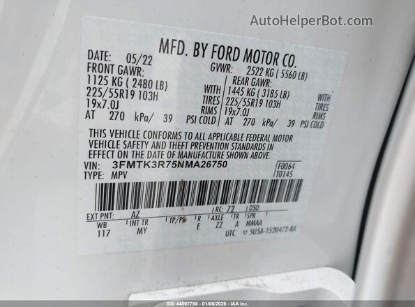 3FMTK3R75NMA26750 2022 FORD MUSTANG MACH-E PREMI Белый Вид подкапотного пространства