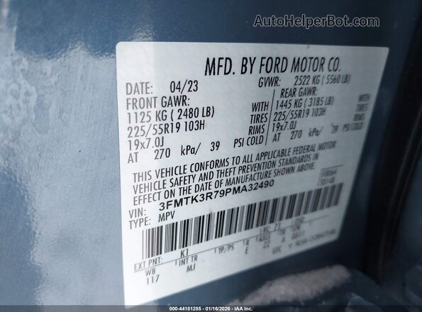 3FMTK3R79PMA32490 2023 FORD MUSTANG MACH-E PREMI Blue Vista del compartimento del motor