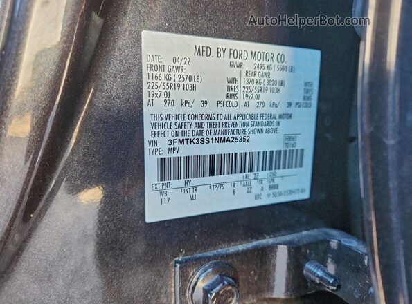 3FMTK3SS1NMA25352 2022 FORD MUSTANG MACH-E PREMI Серый Вид наклейки с VIN-кодом