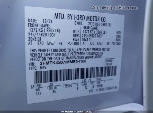3FMTK4SX1MME04108 2021 FORD MUSTANG MACH-E Серый Вид подкапотного пространства