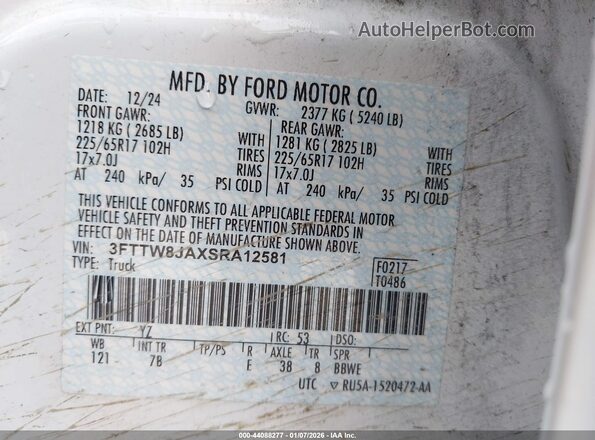 3FTTW8JAXSRA12581 2025 FORD MAVERICK Белый Вид подкапотного пространства