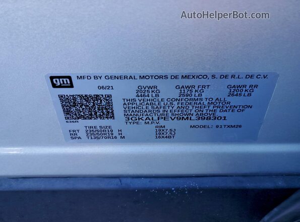 3GKALPEV9ML398301 2021 GMC TERRAIN Gray VIN sticker view