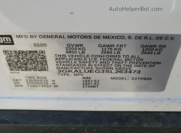 3GKALUEG3SL263473 2025 GMC TERRAIN White VIN կոդի պիտակի տեսք
