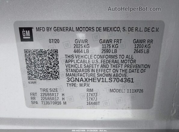 3GNAXHEV1LS704361 2020 CHEVROLET EQUINOX Silver Вид підкапотного простору