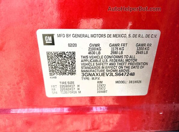 3GNAXUEV3LS647248 2020 CHEVROLET EQUINOX Red Widok naklejki z numerem VIN