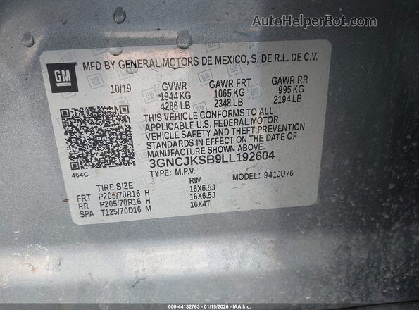3GNCJKSB9LL192604 2020 CHEVROLET TRAX Gray Widok komory silnika