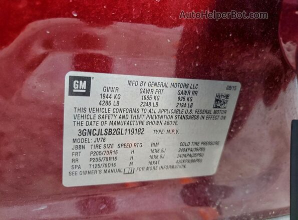 3GNCJLSB2GL119182 2016 CHEVROLET TRAX Red სალონის 360-გრადუსიანი ხედი