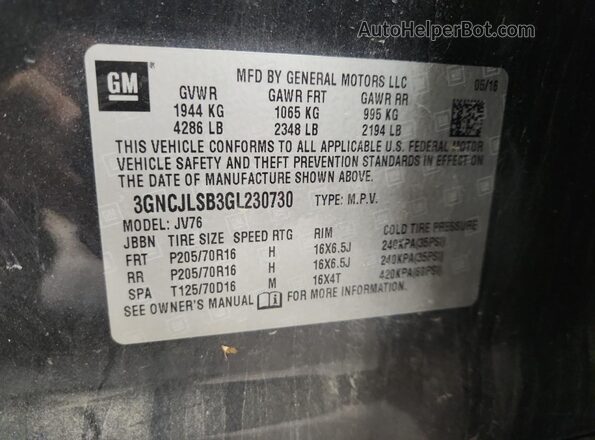 3GNCJLSB3GL230730 2016 CHEVROLET TRAX Gray Панорамний вид салону 360°
