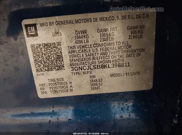 3GNCJLSB8KL398811 2019 CHEVROLET TRAX Синий Вид подкапотного пространства