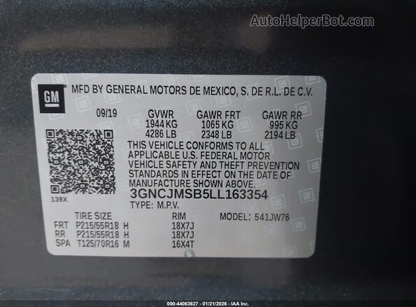 3GNCJMSB5LL163354 2020 CHEVROLET TRAX Серый Вид подкапотного пространства