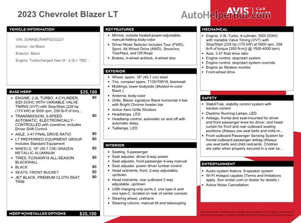 3GNKBCR46PS232221 2023 CHEVROLET BLAZER Черный Вид наклейки с VIN-кодом