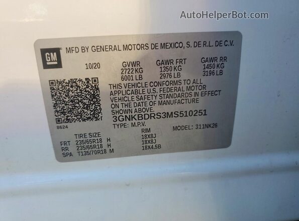 3GNKBDRS3MS510251 2021 CHEVROLET BLAZER Белый Вид наклейки с VIN-кодом
