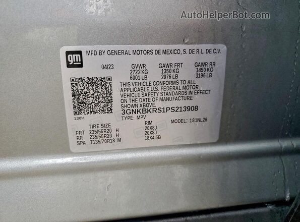 3GNKBKRS1PS213908 2023 CHEVROLET BLAZER Серебряный Вид наклейки с VIN-кодом