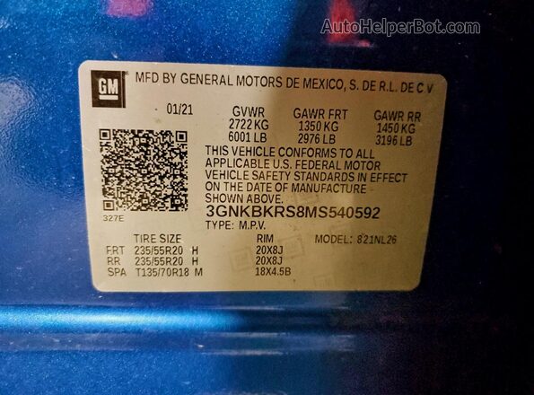 3GNKBKRS8MS540592 2021 CHEVROLET BLAZER Blue Widok naklejki z numerem VIN