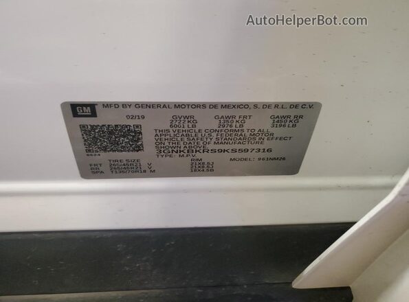 3GNKBKRS9KS597316 2019 CHEVROLET BLAZER Белый Вид наклейки с VIN-кодом