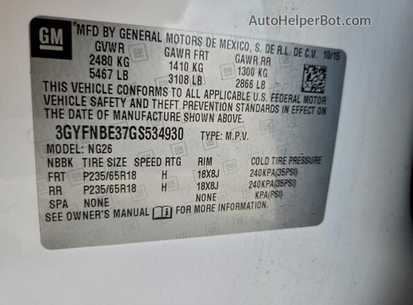 3GYFNBE37GS534930 2016 CADILLAC SRX White Widok komory silnika