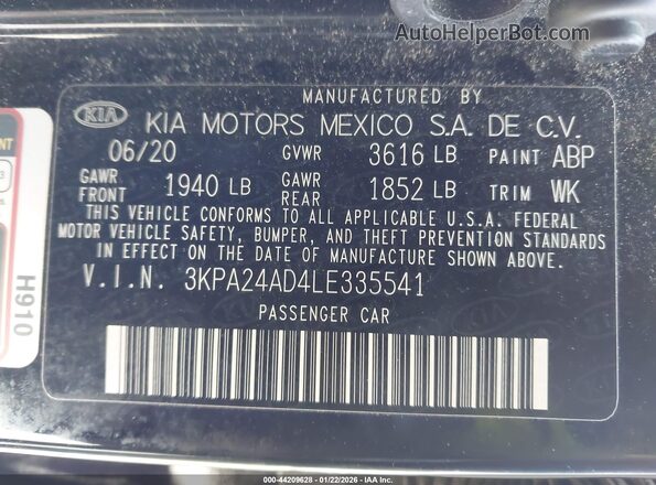 3KPA24AD4LE335541 2020 KIA RIO Черный Вид подкапотного пространства