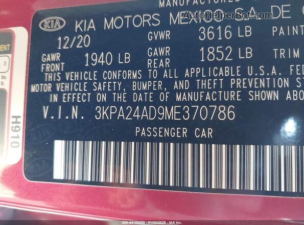 3KPA24AD9ME370786 2021 KIA RIO Красный Вид подкапотного пространства