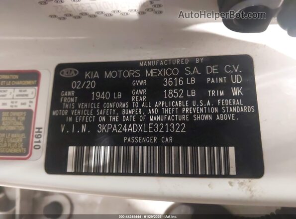 3KPA24ADXLE321322 2020 KIA RIO Белый Вид подкапотного пространства