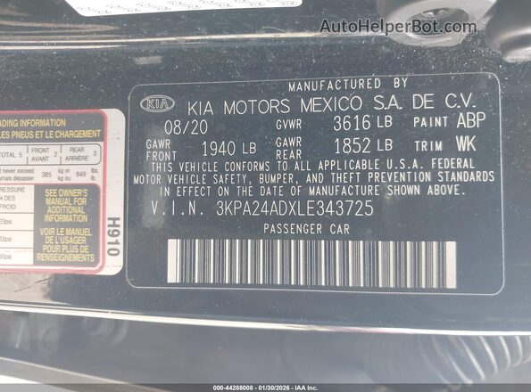 3KPA24ADXLE343725 2020 KIA RIO Black Vista del compartimento del motor