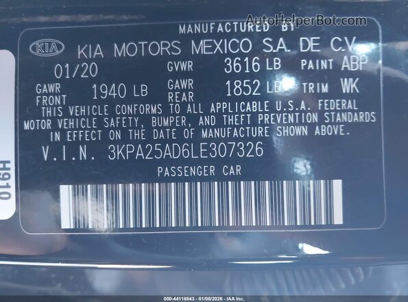 3KPA25AD6LE307326 2020 KIA RIO 5-DOOR Черный Вид подкапотного пространства