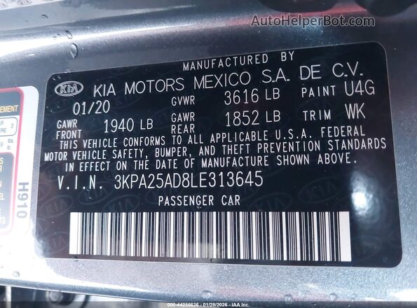 3KPA25AD8LE313645 2020 KIA RIO 5-DOOR Gray Vista del compartimento del motor