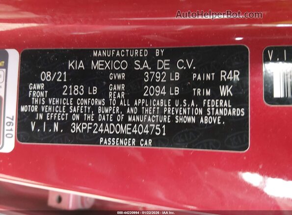 3KPF24AD0ME404751 2021 KIA FORTE Красный Вид подкапотного пространства