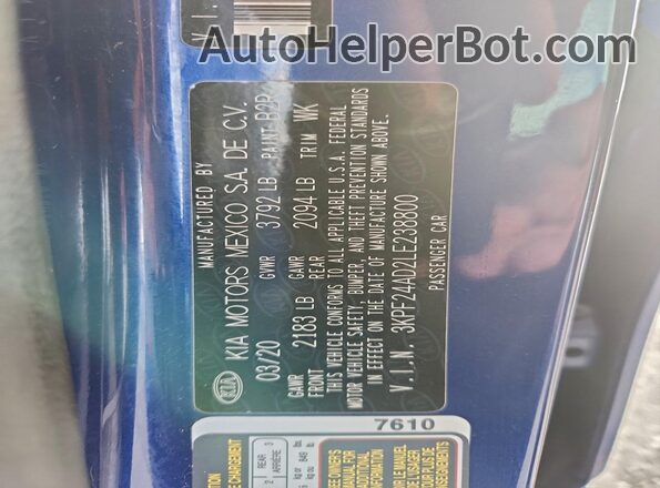 3KPF24AD2LE238800 2020 KIA FORTE Синий Вид подкапотного пространства