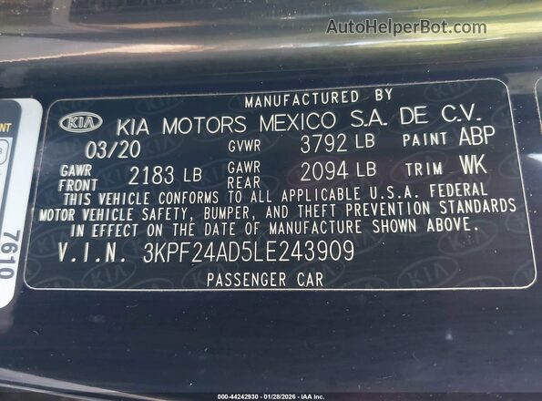 3KPF24AD5LE243909 2020 KIA FORTE Черный Вид подкапотного пространства