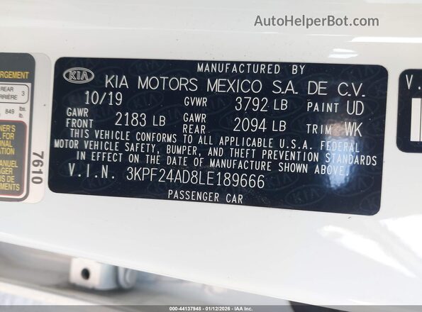 3KPF24AD8LE189666 2020 KIA FORTE Белый Вид подкапотного пространства