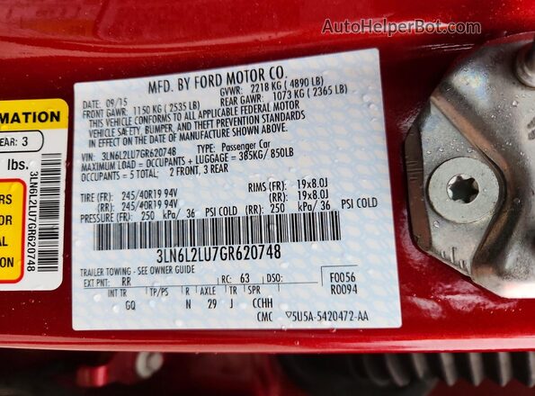 3LN6L2LU7GR620748 2016 LINCOLN MKZ Red Շարժիչի բաժամունքի տեսք