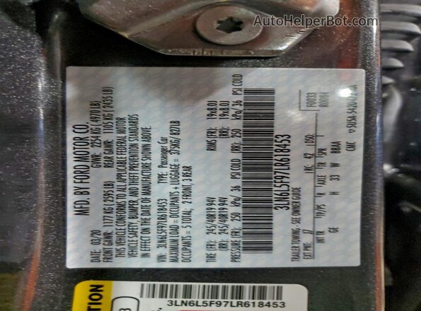 3LN6L5F97LR618453 2020 LINCOLN MKZ Серый Вид наклейки с VIN-кодом