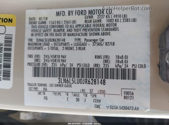 3LN6L5LU0JR628148 2018 LINCOLN MKZ HYBRID Бежевый Вид подкапотного пространства
