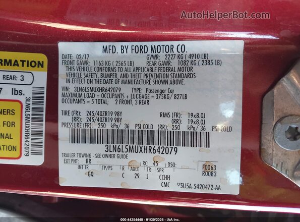 3LN6L5MUXHR642079 2017 LINCOLN MKZ HYBRID Red Widok komory silnika