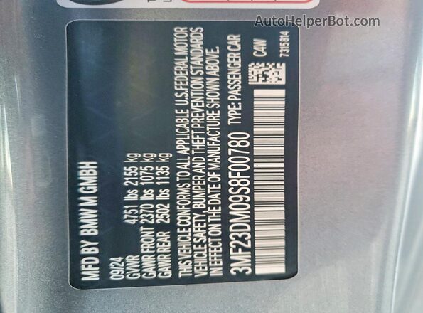 3MF23DM09S8F00780 2025 BMW M2 Silver Widok naklejki z numerem VIN