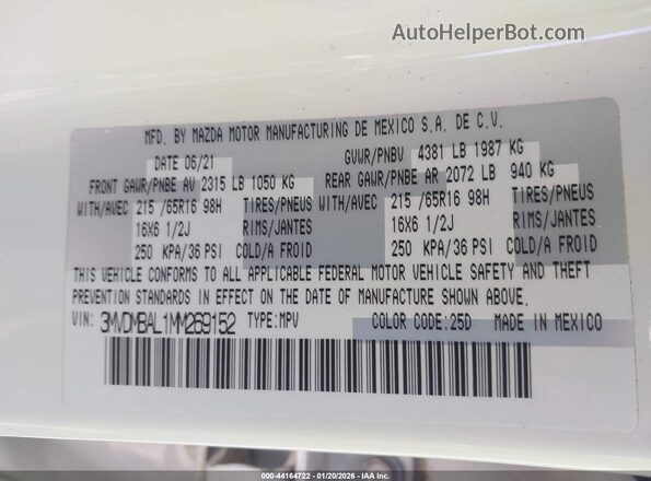3MVDMBAL1MM269152 2021 MAZDA CX-30 White Вид підкапотного простору