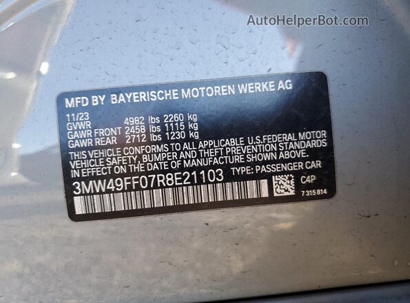 3MW49FF07R8E21103 2024 BMW M3 Серый Вид наклейки с VIN-кодом