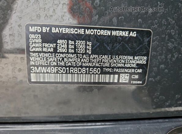 3MW49FS01R8D81560 2024 BMW M3 Gray Widok naklejki z numerem VIN