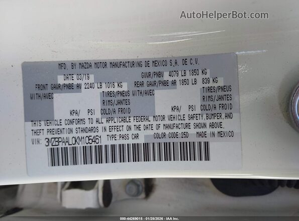 3MZBPAAL0KM105461 2019 MAZDA 3 Белый Вид подкапотного пространства